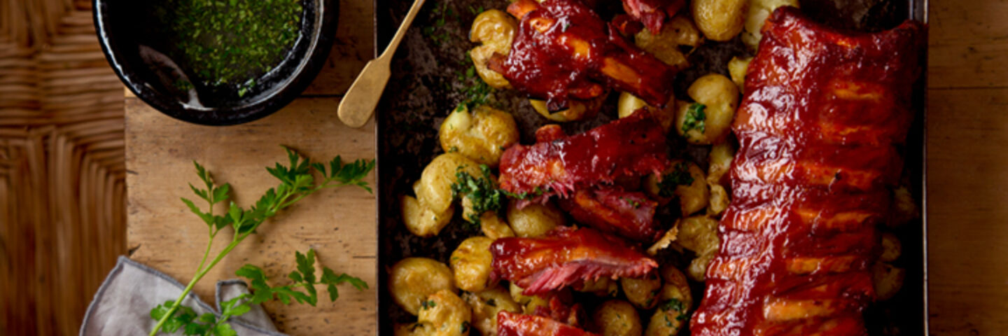 Bacon ribs smashed baby potatoes gremolata recipe