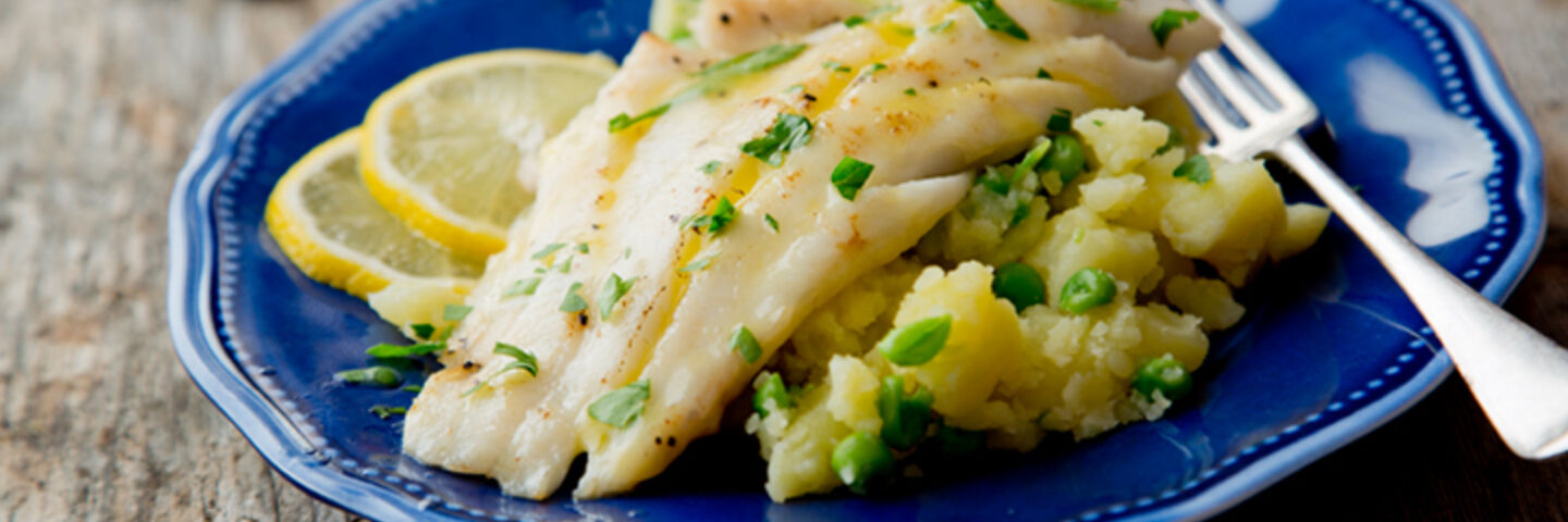 Pan fried haddock crushed potatoes peas recipe