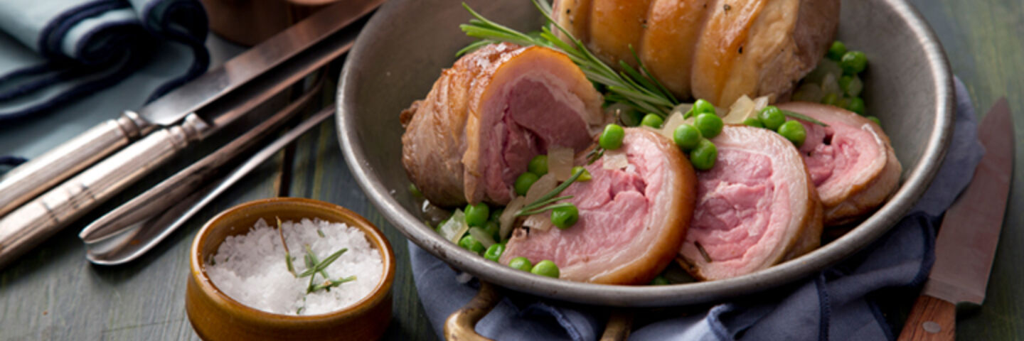 Roast loin lamb peas rosemary honey recipe