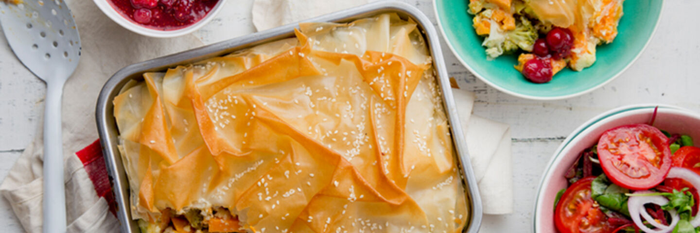 Sweet potato feta broccoli filo pie chia cranberry sauce recipe
