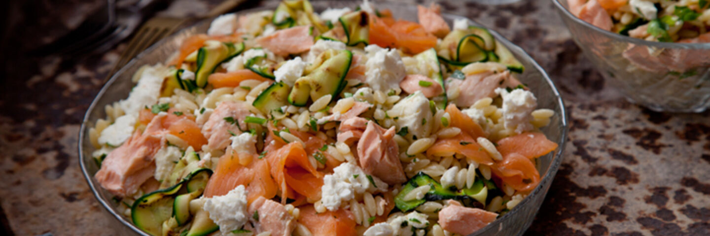 Courgette feta salmon pasta salad recipe