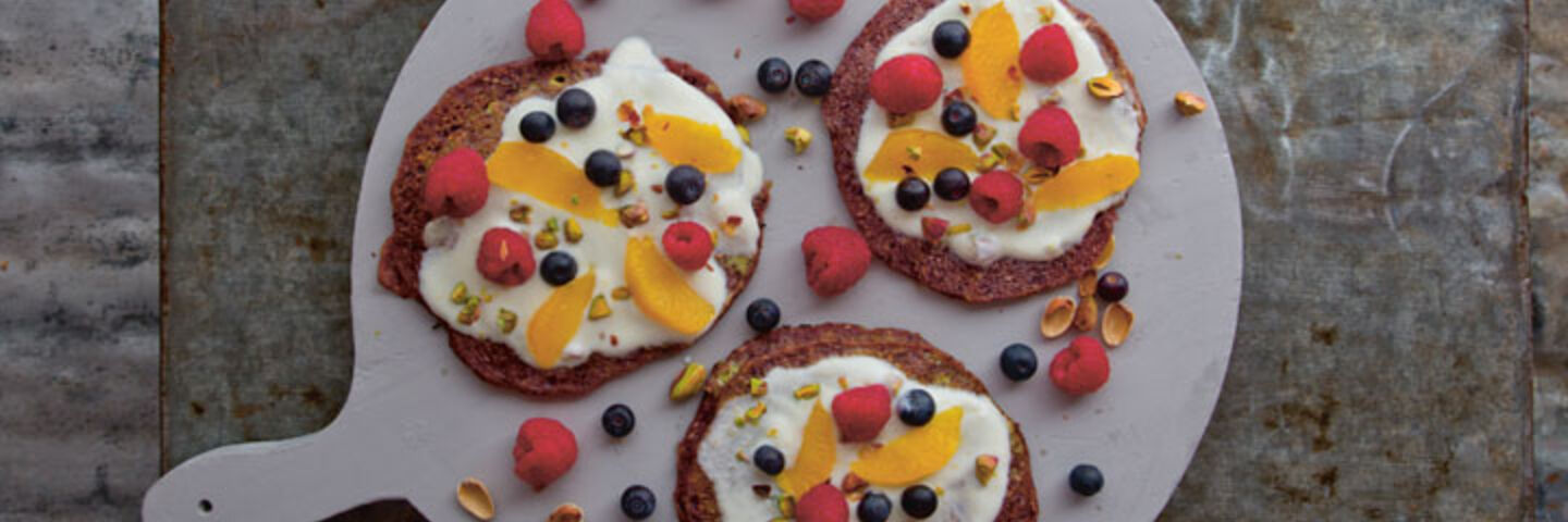 Purple Pancakes with Orange and Pistachio Yogurt