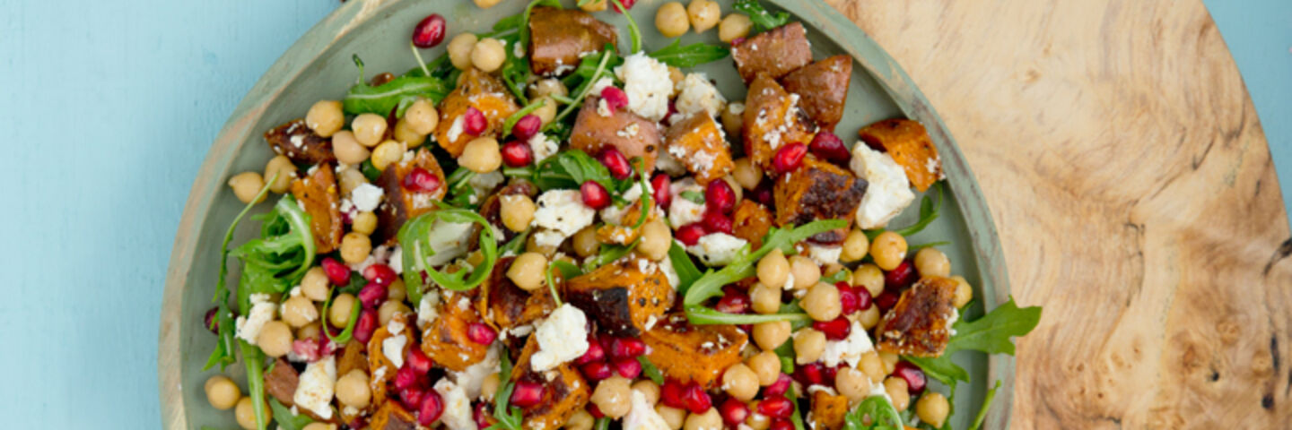 Roast sweet potato chickpea and feta salad with pomegranate