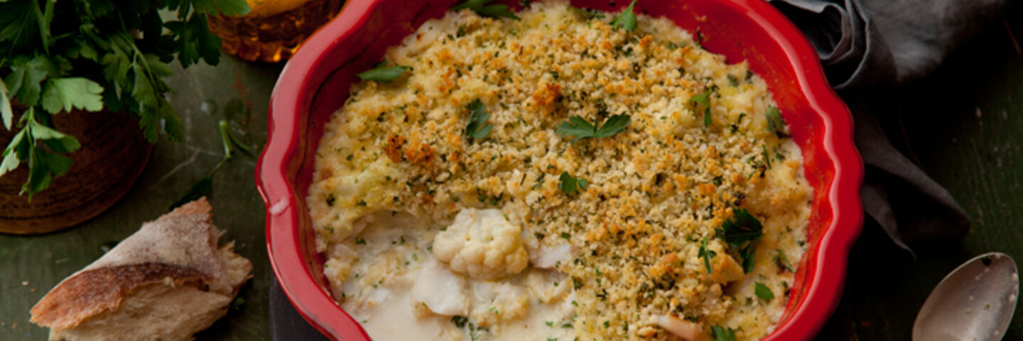Cod cauliflower and cheddar cheese crumble