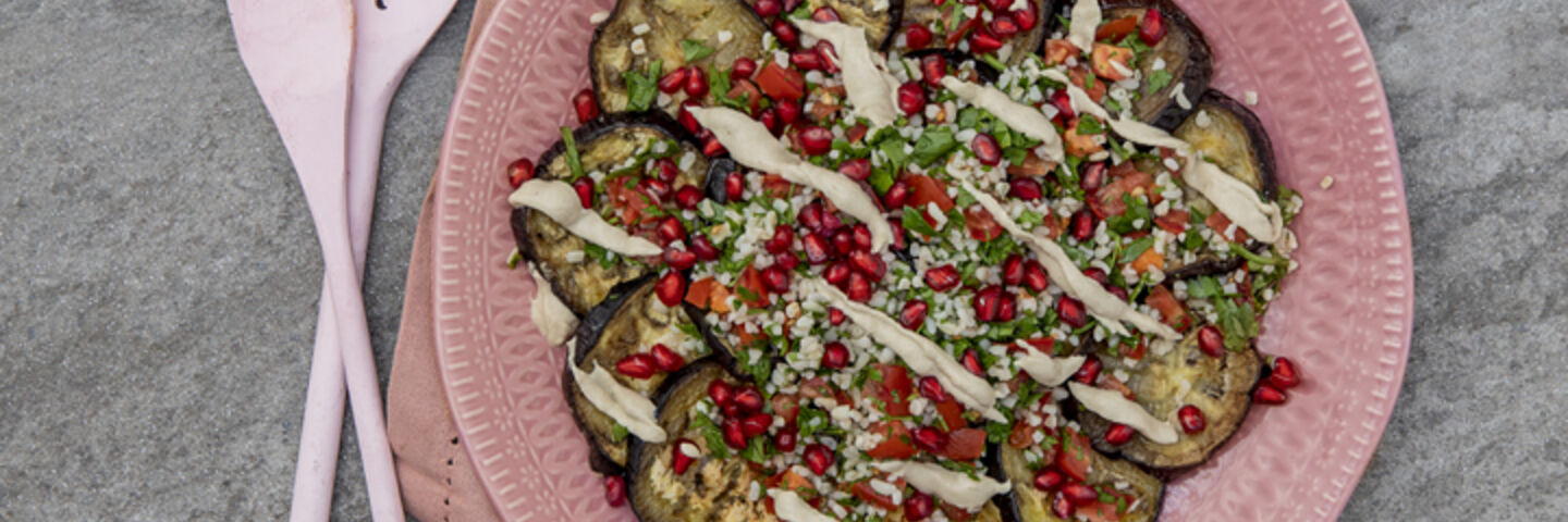 Roast aubergine and bulghur salad