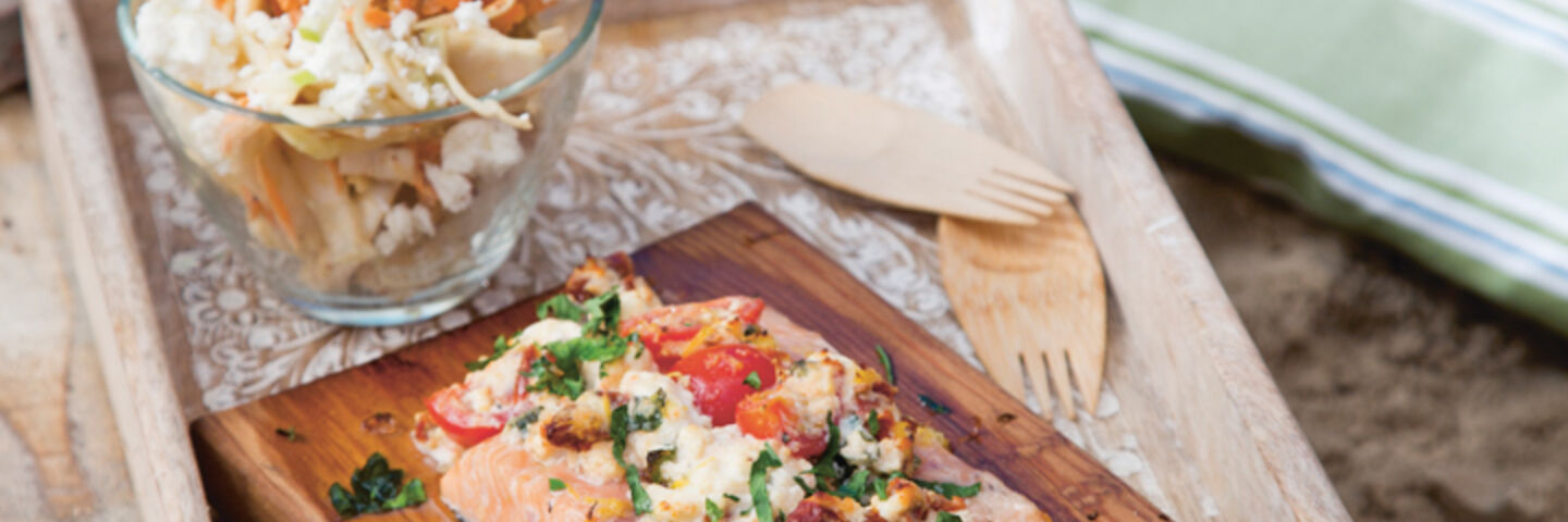 Hot smoked trout with apple and feta slaw recipe