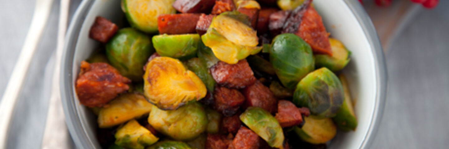 Brussels Sprouts with Caramelised Chorizo, Cranberries and Bread