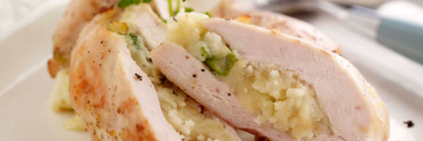 Chicken with Potato and Spring Onion Stuffing, Crispy Tomato and Potato Wedges