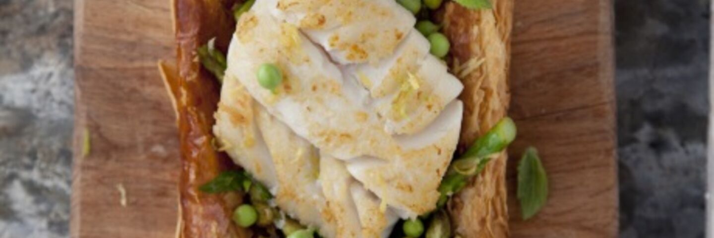 Cod, asparagus and broad bean tart