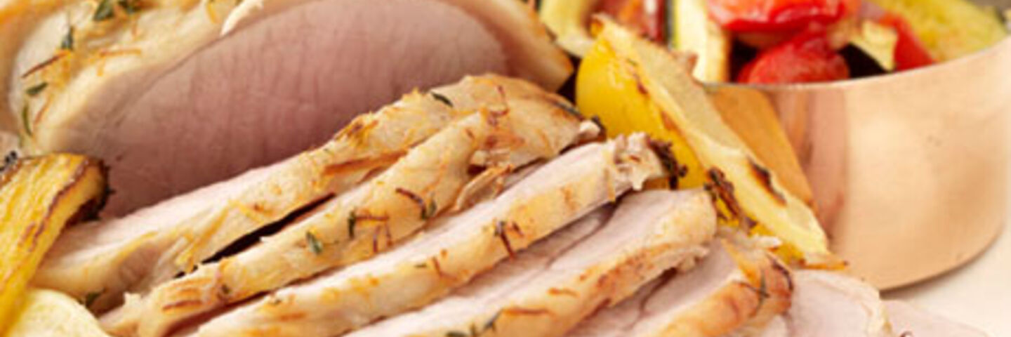 Lemon, Garlic and Thyme Roasted Pork Loin, Mediterranean Vegetables and Mini Roast Potatoes