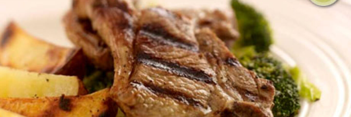 Pan Fried Lamb Loin Chops with Stir Fried Green Vegetables and Wedges