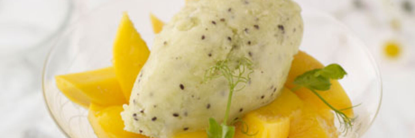 Passionfruit & Mango Salad with Kiwi Sorbet