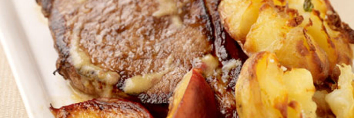 Peach Glazed Pork Chops with Crushed Baby Potatoes
