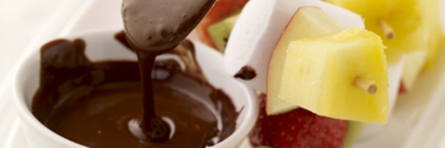 Fruit and Marshmallow Kebabs with Chocolate Sauce