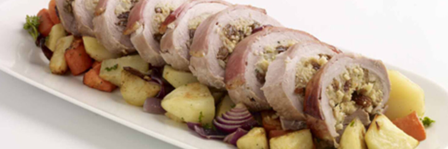 Roast Stuffed Pork with Roasted Vegetables and Potatoes