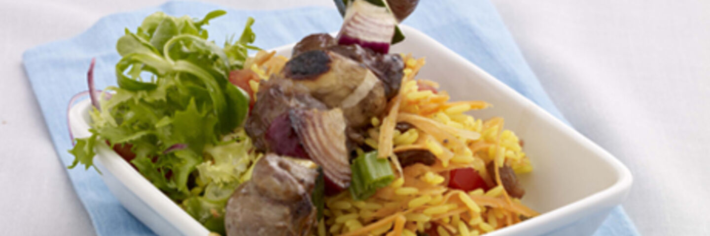 Beef and Vegetable Skewers with Soy and Honey Marinade and Curried Rice Salad