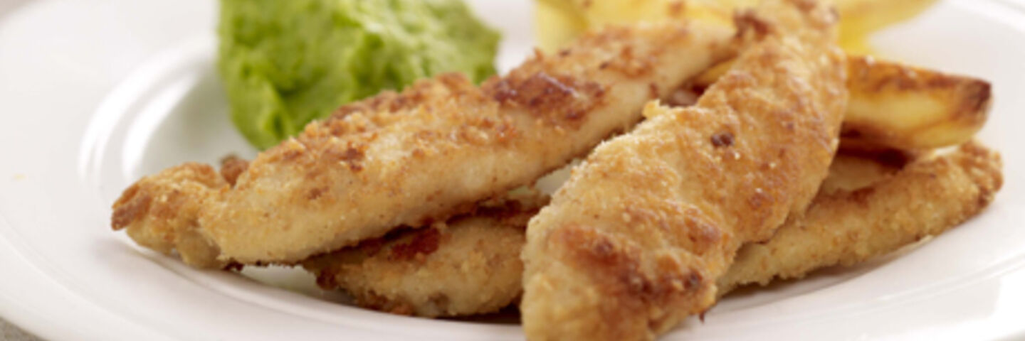 Cheesy Chicken Goujons, Pea Puree and Oven Baked Chips