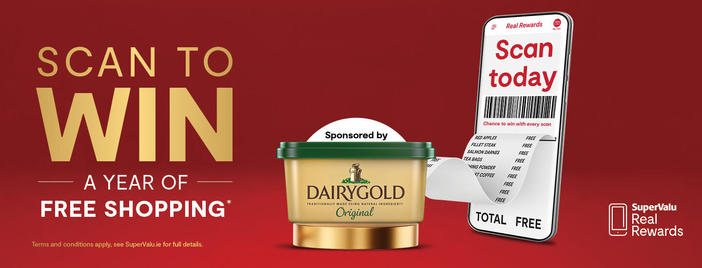 Scan To Win September • One Year Free Shopping gift card sponsored by Dairygold Spread • €100 SuperValu e-gift card for EVERY Store