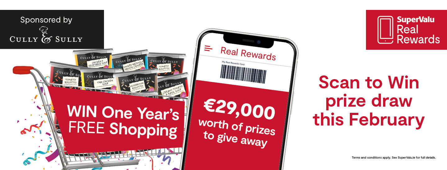 Scan to Win February One Year Free Shopping gift card • €100 SuperValu e-gift card for EVERY Store 