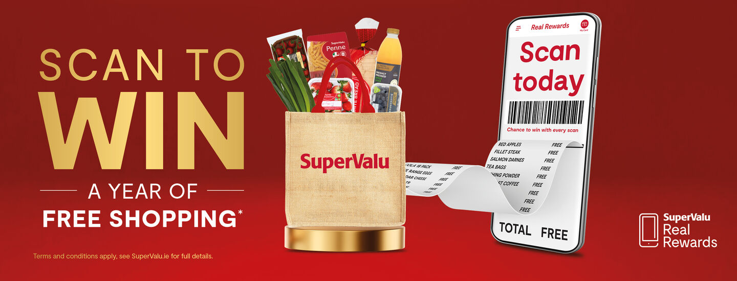 Scan To Win October • One Year Free Shopping gift card • €100 SuperValu e-gift card for EVERY Store