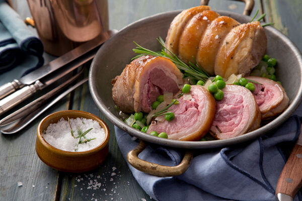 Roast loin lamb peas rosemary honey recipe