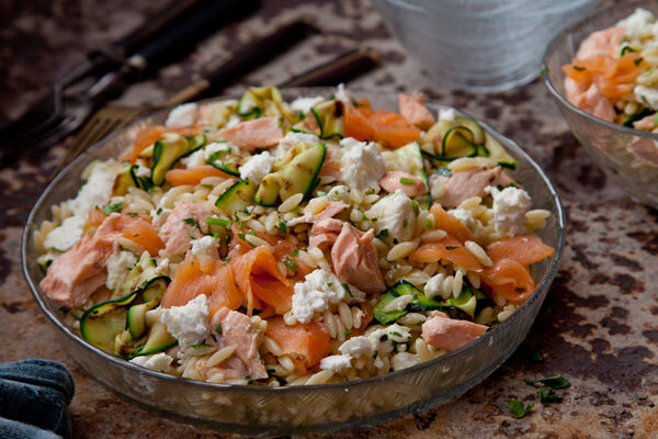Courgette feta salmon pasta salad recipe