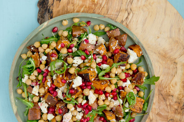 Roast sweet potato chickpea and feta salad with pomegranate