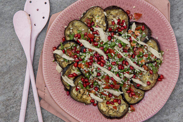 Roast aubergine and bulghur salad