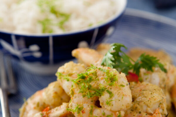 Hot Garlic Prawns with Chilli Lime Yogurt Dressing