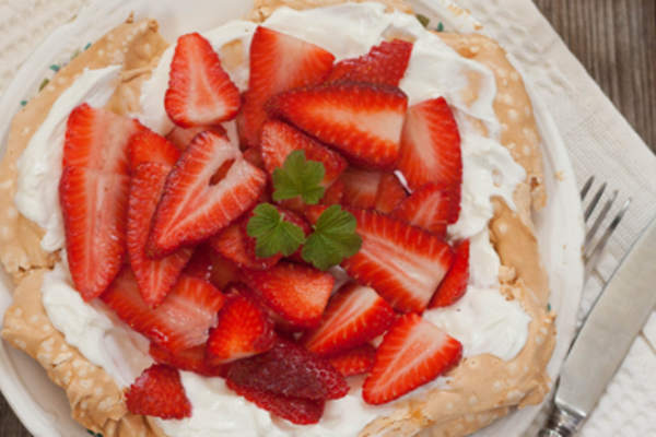 Chocolate Swirl Pavlova with Fresh Cream & Strawberries