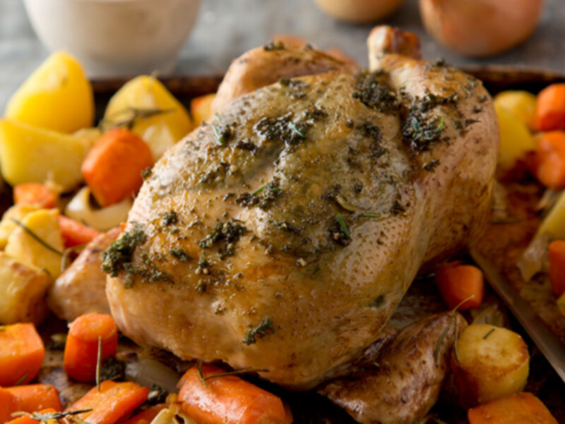 Herb pesto chicken winter root vegetables recipe