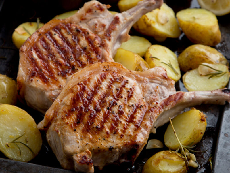 Lollipop pork chops rosemary potatoes lemongarlic beans recipe