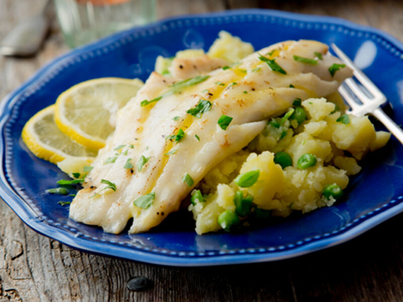 Pan fried haddock crushed potatoes peas recipe