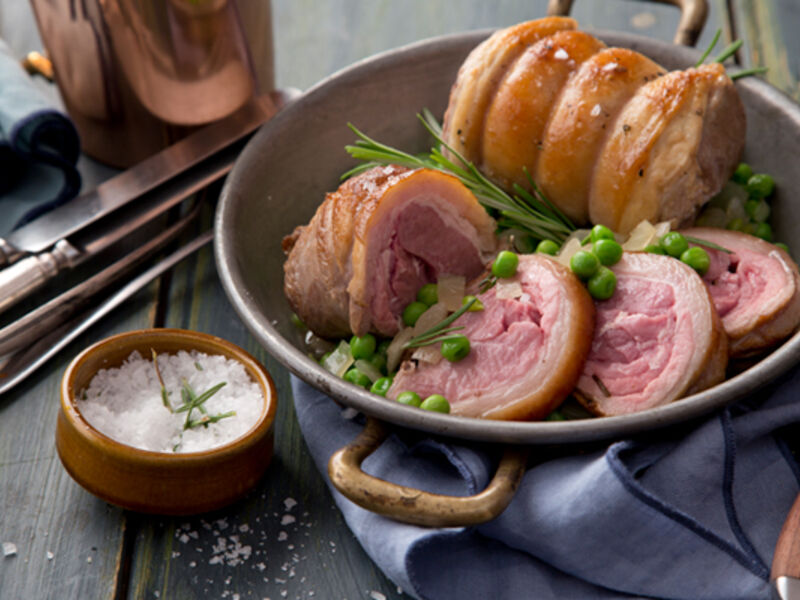 Roast loin lamb peas rosemary honey recipe