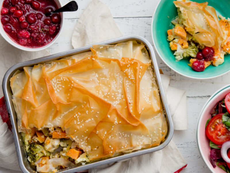Sweet potato feta broccoli filo pie chia cranberry sauce recipe