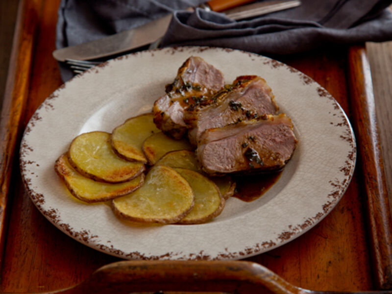 Roasted lamb loin maxims potatoes recipe