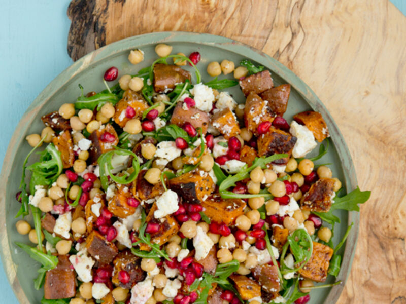 Roast sweet potato chickpea and feta salad with pomegranate