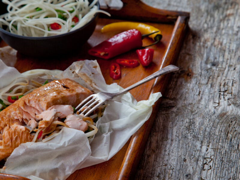Salmon noodle parcels recipe