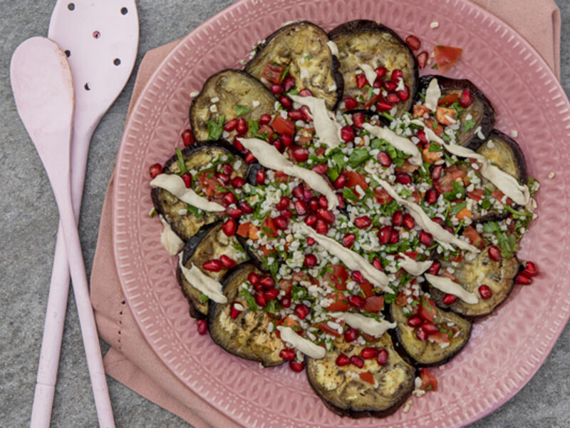 Roast aubergine and bulghur salad