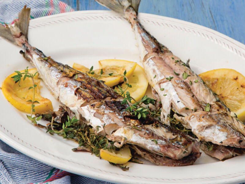 Wole mackerel a la plancha with samphire and cherry tomato salad recipe
