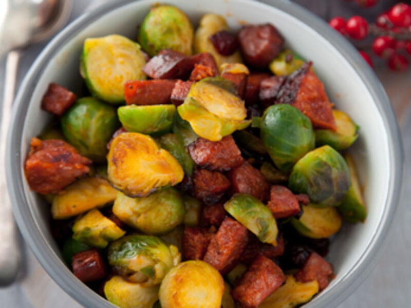 Brussels Sprouts with Caramelised Chorizo, Cranberries and Bread