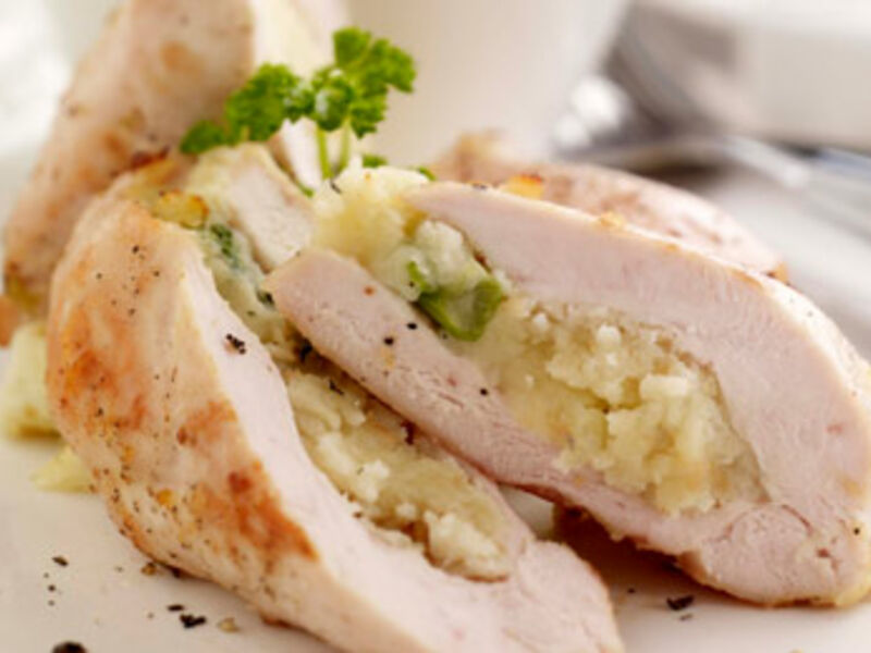 Chicken with Potato and Spring Onion Stuffing, Crispy Tomato and Potato Wedges