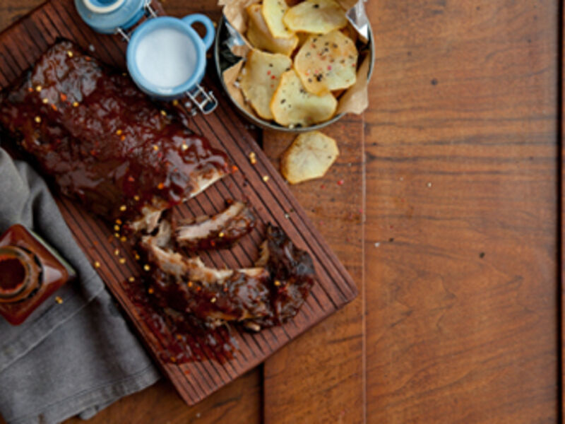 Glazed Rack of Bacon Ribs with Potato Crisps