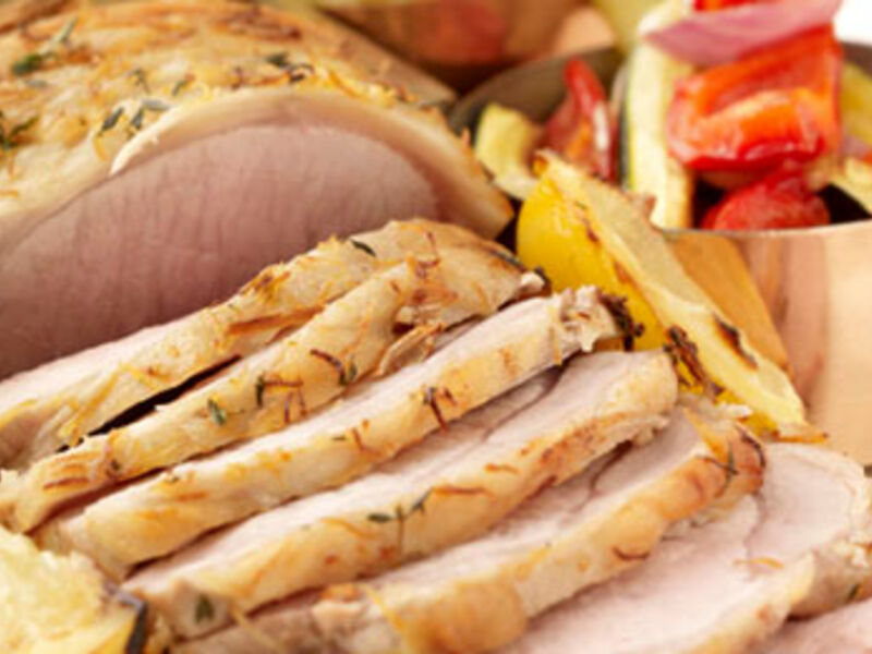 Lemon, Garlic and Thyme Roasted Pork Loin, Mediterranean Vegetables and Mini Roast Potatoes
