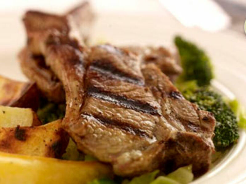 Pan Fried Lamb Loin Chops with Stir Fried Green Vegetables and Wedges
