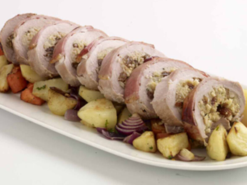 Roast Stuffed Pork with Roasted Vegetables and Potatoes