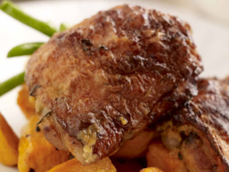 Baked Chicken Thighs with Curried Yogurt Marinade, Roasted Sweet Potatoes and Buttered Green Beans