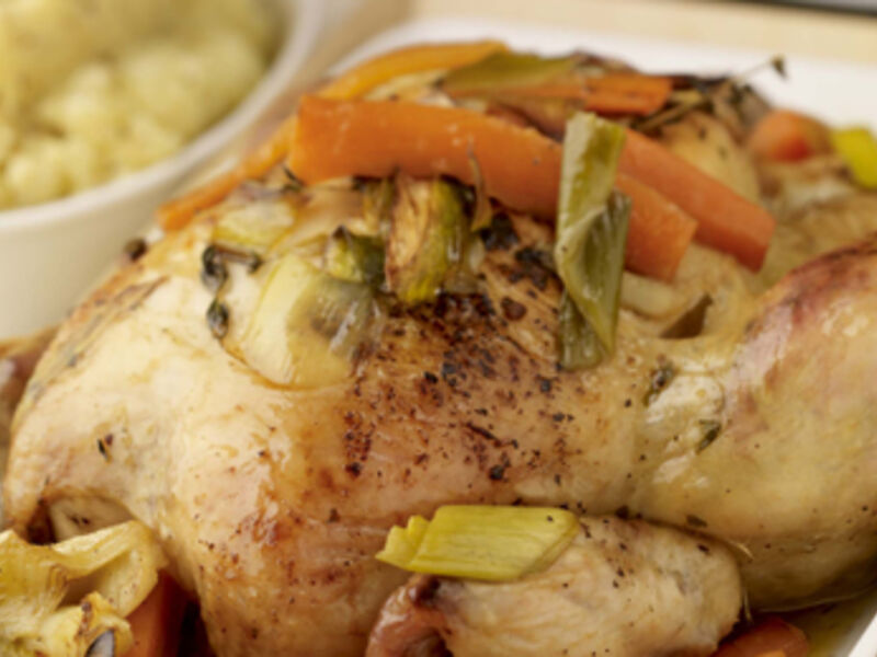 Slow Roasted Garlic Chicken with Vegetable and Thyme Broth and Mustard Mash