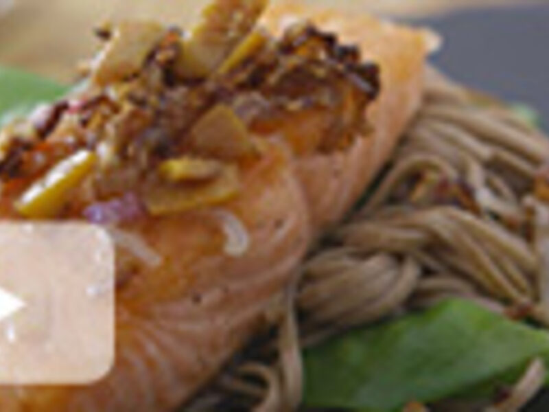 Salmon with Soba Noodle Salad and Ginger Dressing