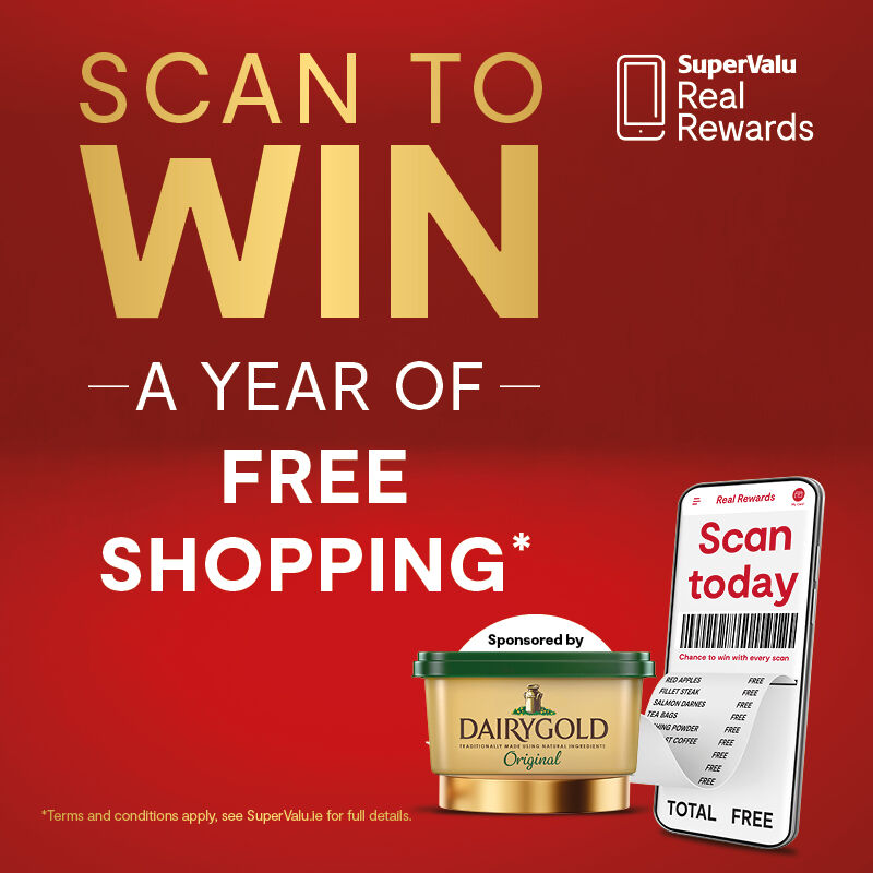 Scan To Win September • One Year Free Shopping gift card sponsored by Dairygold Spread • €100 SuperValu e-gift card for EVERY Store